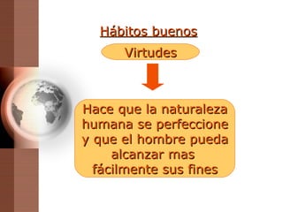 Hábitos buenos Hace que la naturaleza humana se perfeccione y que el hombre pueda alcanzar mas  fácilmente sus fines Virtudes 