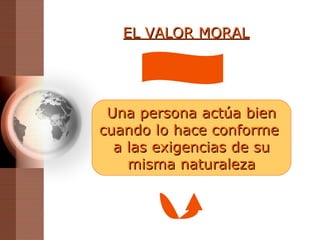 EL VALOR MORAL Una persona actúa bien cuando lo hace conforme  a las exigencias de su misma naturaleza 
