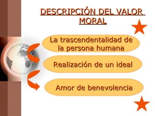 DESCRIPCI Ó N DEL VALOR  MORAL La trascendentalidad de la persona humana Realización de un ideal Amor de benevolencia 