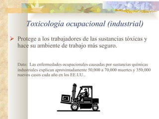 Toxicología ocupacional (industrial) Protege a los trabajadores de las sustancias tóxicas y hace su ambiente de trabajo más seguro. Dato:  Las enfermedades ocupacionales causadas por sustancias químicas industriales explican aproximadamente 50,000 a 70,000 muertes y 350,000 nuevos casos cada año en los EE.UU.. 