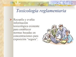 Toxicología reglamentaria Recopila y evalúa información toxicológica existente para establecer normas basadas en concentraciones para exposición “segura”. 