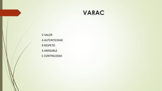 VARAC
V VALOR
A AUTENTICIDAD
R RESPETO
A AMIGABLE
C CONTINUIDAD
 
