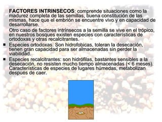 FACTORES INTRINSECOS : comprende situaciones como la madurez completa de las semillas, buena constitución de las mismas, hace que el embrión se encuentre vivo y en capacidad de desarrollarse. Otro caso de factores intrínsecos a la semilla se vive en el trópico, en nuestros bosques existen especies con características de ortodoxas y otras recalcitrantes. Especies ortodoxas. Son hidrofobicas, toleran la desecación, tienen gran capacidad para ser almacenadas sin perder la viabilidad. Especies recalcitrantes: son hidrófilas, bastantes sensibles a la desecación, no resisten mucho tiempo almacenadas (< 6 meses). Características de especies de lugares húmedas, metabolizan después de caer. 