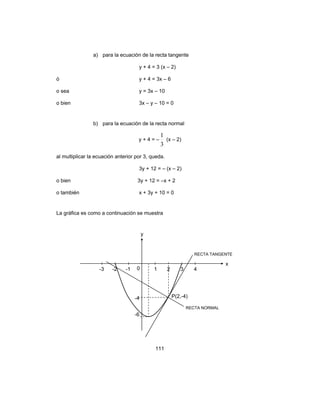 111
a) para la ecuación de la recta tangente
y + 4 = 3 (x – 2)
ó y + 4 = 3x – 6
o sea y = 3x – 10
o bien 3x – y – 10 = 0
b) para la ecuación de la recta normal
y + 4 = –
3
1
(x – 2)
al multiplicar la ecuación anterior por 3, queda.
3y + 12 = – (x – 2)
o bien 3y + 12 = –x + 2
o también x + 3y + 10 = 0
La gráfica es como a continuación se muestra
y
x
-3 -2 -1 0 1 2 3 4
-4
-6
RECTA TANGENTE
RECTA NORMAL
P(2,-4)
 