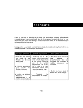 135
Como ya has visto, la derivada es un límite. A lo largo de los capítulos anteriores has
manejado de una manera intuitiva la idea de límite, pero el concepto de límite es muy
importante ya que por el se distingue el cálculo de otras ramas de las matemáticas que
habías estudiado previamente.
Las siguientes preguntas te orientarán sobre los contenidos de este capítulo, la forma en
que los abordarás y la utilidad que te brindarán.
¿Qué voy a aprender? ¿Cómo lo voy a lograr? ¿Para qué me va a servir?
• Una idea más amplia
del límite de una
función en diversas
situaciones.
• Técnicas algebraicas
para calcular los
límites y el infinito.
• Límites de algunas
funciones
trascendentes y la
noción de continuidad.
• Partiendo de la idea
intuitiva de lo que ocurre
con la variable dependiente
de una función cuando el
valor de la variable
independiente se acerca
más y más a un valor
determinado o bien, crece
o decrece cada vez más.
• Aplicando tus
conocimientos de álgebra.
• Para tener más elementos
para explorar el
comportamiento de las
funciones que obtienes al
modelar situaciones de
problemas.
• Sentar las bases para el
estudio del Cálculo Integral.
P R O P Ó S I T O
 