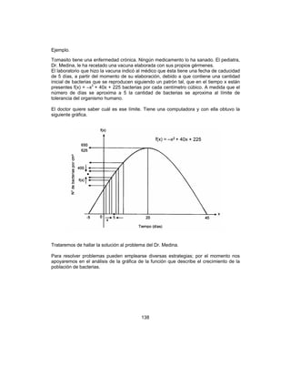 138
Ejemplo.
Tomasito tiene una enfermedad crónica. Ningún medicamento lo ha sanado. El pediatra,
Dr. Medina, le ha recetado una vacuna elaborada con sus propios gérmenes.
El laboratorio que hizo la vacuna indicó al médico que ésta tiene una fecha de caducidad
de 5 días, a partir del momento de su elaboración, debido a que contiene una cantidad
inicial de bacterias que se reproducen siguiendo un patrón tal, que en el tiempo x están
presentes f(x) = –x2
+ 40x + 225 bacterias por cada centímetro cúbico. A medida que el
número de días se aproxima a 5 la cantidad de bacterias se aproxima al límite de
tolerancia del organismo humano.
El doctor quiere saber cuál es ese límite. Tiene una computadora y con ella obtuvo la
siguiente gráfica.
Trataremos de hallar la solución al problema del Dr. Medina.
Para resolver problemas pueden emplearse diversas estrategias; por el momento nos
apoyaremos en el análisis de la gráfica de la función que describe el crecimiento de la
población de bacterias.
 
