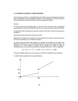 149
3.1.3 CASOS EN LOS QUE EL LÍMITE NO EXISTE
Hay funciones que tienen un comportamiento tan extraño como el de algunas situaciones
que se presentan en las actividades humanas y en la naturaleza. En muchos casos el
límite que estamos buscando no existe. Veamos el siguiente ejemplo:
Ejemplo.
En cierto país los consumidores pagan un I.V.A del 10% cuando el precio x del artículo
que compran es menor que $1000.00 y del 20% si su precio es mayor o igual a $1000.00
¿A qué valor limite se aproxima el impuesto cuando el valor de un artículo se aproxima a
$1,000.00
¿Qué tenemos que hacer para encontrar el límite?
Determinar los límites por la izquierda y por la derecha de la función cuando el precio se
aproxima a $1,000.00 y ver si éstos son iguales.
Un recurso para encontrar esos límites es el análisis de la gráfica de la función que
determina el monto del I.V.A. Constrúyela haciendo una tabla con algunos precios y su
respectivo I.V.A. Para facilitar el cálculo de los valores de la tabla, la regla de
correspondencia de la función que describe el comportamiento del I.V.A es la siguiente:
xxf 1.0)( = si ;10000 <≤ x y xxf 2.0)( = si 1000≥x
Incluye en la tabla valores de x muy cercanos a 1000 por la izquierda y por la derecha.
Tu gráfica debió quedarte como la siguiente figura.
f(x)
200
100
0 1000
x
 