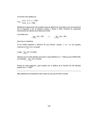 150
La función de la gráfica es:



≥
<≤
=
1000xsix2.0
1000x0six1.0
)x(f
Mediante la observación de la grafica trata de determinar los limites a los que tiende f(x)
por la izquierda y por la derecha cuando x tiende a 1000. Confirma tu suposición
examinando los valores de la tabla que hiciste.
Los limites son:
001(x)flim
1000x
=
−→
y 200(x)flim
1000x
=
+→
Aquí hay un problema:
Si los limites izquierdo y derecho de una función, cuando ax → , no son iguales,
entonces el (x)lim f
ax→
no existe.
Luego (x)flim
1000x→
no existe.
Observa que en este ejemplo la función si esta definida en x = 1000 ya que f(1000)=200,
sin embargo, (x)flim
1000x→
no existe.
Piensa en esta pregunta, ¿qué sucede con la gráfica de la función f(x) del ejemplo
anterior en x = 1000?
Más adelante se considerarán otros casos en los que el límite no existe
 