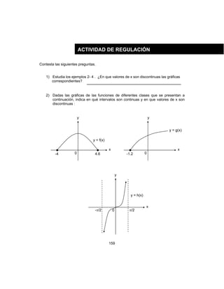 159
Contesta las siguientes preguntas.
1) Estudia los ejemplos 2- 4 . ¿En que valores de x son discontinuas las gráficas
correspondientes? _________________________________
2) Dadas las gráficas de las funciones de diferentes clases que se presentan a
continuación, indica en qué intervalos son continuas y en que valores de x son
discontinuas :
ACTIVIDAD DE REGULACIÓN
y
x
y = f(x)
-4 4.60
y
x
y = g(x)
-1.2 0
y
x
y = h(x)
π/20-π/2
 