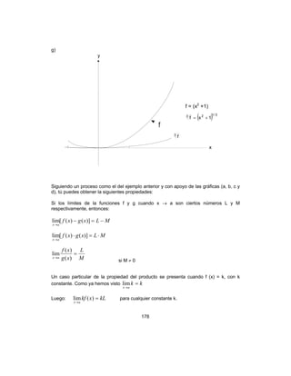 178
g)
Siguiendo un proceso como el del ejemplo anterior y con apoyo de las gráficas (a, b, c y
d), tú puedes obtener la siguientes propiedades:
Si los límites de la funciones f y g cuando x → a son ciertos números L y M
respectivamente, entonces:
MLxgxf
ax
−=−
→
)]()([lim
MLxgxf
ax
⋅=⋅
→
)]()([lim
M
L
xg
xf
ax
=
→ )(
)(
lim
si M ≠ 0
Un caso particular de la propiedad del producto se presenta cuando f (x) = k, con k
constante. Como ya hemos visto kk
ax
=
→
lim
Luego: kLxkf
ax
=
→
)(lim para cualquier constante k.
f
3
f
f = (x2
+1)
( ) 3/123
1xf +=
y
x
 