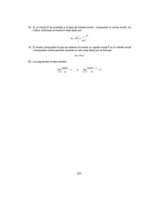 201
18. Si un monto P es invertido a la tasa de interés anual i, compuesto m veces al año, en
t años, entonces el monto A está dado por
mt
m
PA 





+=
1
1
19. El monto compuesto A que se obtiene al invertir un capital inicial P a un interés anual
i compuesto continuamente durante un año está dado por la fórmula:
A = P e i
20. Los siguientes límites existen:
1
0
=
→ x
senx
lim
x
y 0
1
0
=
−
→ h
hcos
lim
h
 