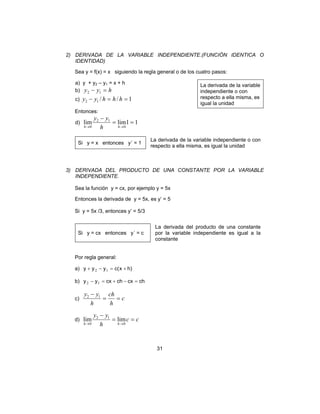 31
2) DERIVADA DE LA VARIABLE INDEPENDIENTE.(FUNCIÓN IDENTICA O
IDENTIDAD)
Sea y = f(x) = x siguiendo la regla general o de los cuatro pasos:
a) y + y2 – y1 = x + h
b) hyy =− 12
c) 1//12 ==− hhhyy
La derivada de la variable
independiente o con
respecto a ella misma, es
igual la unidad
Entonces:
d) 11limlim
0
12
0
==
−
→→ hh h
yy
Si y = x entonces y´ = 1
La derivada de la variable independiente o con
respecto a ella misma, es igual la unidad
3) DERIVADA DEL PRODUCTO DE UNA CONSTANTE POR LA VARIABLE
INDEPENDIENTE.
Sea la función y = cx, por ejemplo y = 5x
Entonces la derivada de y = 5x, es y’ = 5
Si y = 5x /3, entonces y’ = 5/3
Si y = cx entonces y´ = c
La derivada del producto de una constante
por la variable independiente es igual a la
constante
Por regla general:
a) )hx(cyyy +=−+ 12
b) chcxchcxyy =−+=− 12
c) c
h
ch
h
yy
==
− 12
d) cc
h
yy
hh
==
−
→→ 0
12
0
limlim
 