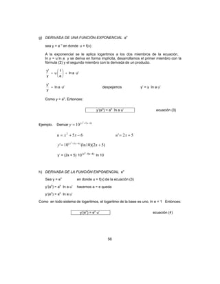 56
g) DERIVADA DE UNA FUNCIÓN EXPONENCIAL au
sea y = a u
en donde u = f(x)
A la exponencial se le aplica logaritmos a los dos miembros de la ecuación,
ln y = u ln a y se deriva en forma implícita, desarrollamos el primer miembro con la
fórmula (2) y el segundo miembro con la derivada de un producto.
'ualn
a
1
u
y
'y
+





=
'ualn
y
'y
= despejamos y’ = y ln a u’
Como y = au
. Entonces:
y’(au
) = au
ln a u’ ecuación (3)
Ejemplo. Derivar
)65( 2
10 −+
= xx
y
652
−+= xxu 52' += xu
)52)(10(ln10' )65( 2
+= −+
xy xx
y’ = (2x + 5) )6x5x( 2
10 −−
ln 10
h) DERIVADA DE LA FUNCIÓN EXPONENCIAL eu
Sea y = eu
en donde u = f(x) de la ecuación (3)
y’(au
) = au
ln a u’ hacemos a = e queda
y’(eu
) = eu
ln e u’
Como en todo sistema de logaritmos, el logaritmo de la base es uno, ln e = 1 Entonces:
y’(eu
) = eu
u’ ecuación (4)
 