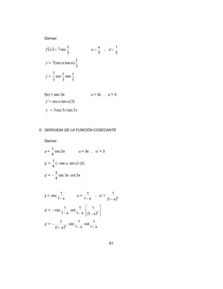 61
Derivar:
( )
3
sec7
x
xf =
3
x
u = ,
3
1
'u =
3
1
)tan(sec7´ uuy =
3
tan
3
sec
3
7
´
xx
y =
f(x) = sec 3x u = 3x , u´= 3
)3(tansec´ uuy =
xxy 3tan3sec3´
=
f) DERIVADA DE LA FUNCIÓN COSECANTE
Derivar:
y = x3csc
4
1
u = 3x , u’ = 3
y’ = ( ) )3(ucotucsc
4
1
−
y’ = x3cotx3csc
4
3
−
y =
x1
1
csc
−
u =
x1
1
−
, u’ =
( )2
x1
1
−
y’ =
( ) 







−−−
− 2
x1
1
x1
1
cot
x1
1
csc
y’ =
( ) x1
1
cot
x1
1
csc
x1
1
2 −−−
−
 