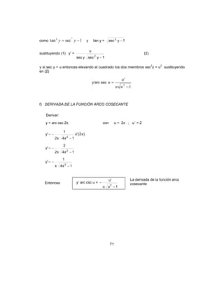 71
como 1sectan
2
2
−= yy y tan y = 1ysec2
−
sustituyendo (1) y’ =
1ysecysec
u
2
−
(2)
y si sec y = u entonces elevando al cuadrado los dos miembros sec2
y = u2
sustituyendo
en (2)
y’arc sec
1
'
2
−
=
uu
u
u
f) DERIVADA DE LA FUNCIÓN ARCO COSECANTE
Derivar:
y = arc csc 2x con u = 2x ; u´ = 2
)x2('u
1x4x2
1
'y
2
−
−=
1x4x2
2
'y
2
−
−=
1x4x
1
'y
2
−
−=
Entonces y’ arc csc u =
1uu
'u
2
−
−
La derivada de la función arco
cosecante
 