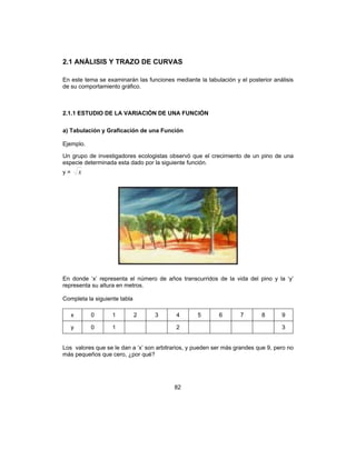 82
2.1 ANÁLISIS Y TRAZO DE CURVAS
En este tema se examinarán las funciones mediante la tabulación y el posterior análisis
de su comportamiento gráfico.
2.1.1 ESTUDIO DE LA VARIACIÓN DE UNA FUNCIÓN
a) Tabulación y Graficación de una Función
Ejemplo.
Un grupo de investigadores ecologistas observó que el crecimiento de un pino de una
especie determinada esta dado por la siguiente función.
y = x
En donde ‘x’ representa el número de años transcurridos de la vida del pino y la ‘y’
representa su altura en metros.
Completa la siguiente tabla
x 0 1 2 3 4 5 6 7 8 9
y 0 1 2 3
Los valores que se le dan a ‘x’ son arbitrarios, y pueden ser más grandes que 9, pero no
más pequeños que cero, ¿por qué?
 