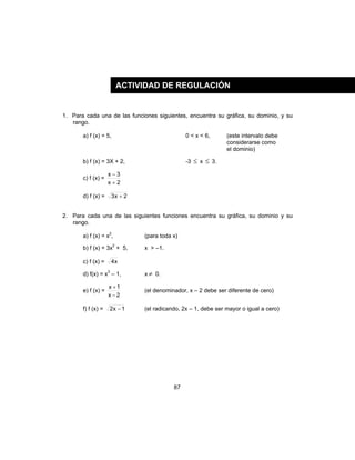 87
1. Para cada una de las funciones siguientes, encuentra su gráfica, su dominio, y su
rango.
a) f (x) = 5, 0 < x < 6, (este intervalo debe
considerarse como
el dominio)
b) f (x) = 3X + 2, -3 ≤ x ≤ 3.
c) f (x) =
2x
3x
+
−
d) f (x) = 2x3 +
2. Para cada una de las siguientes funciones encuentra su gráfica, su dominio y su
rango.
a) f (x) = x2
, (para toda x)
b) f (x) = 3x2
+ 5, x > –1.
c) f (x) = x4
d) f(x) = x3
– 1, x ≠ 0.
e) f (x) =
2x
1x
−
+
(el denominador, x – 2 debe ser diferente de cero)
f) f (x) = 1x2 − (el radicando, 2x – 1, debe ser mayor o igual a cero)
ACTIVIDAD DE REGULACIÓN
 