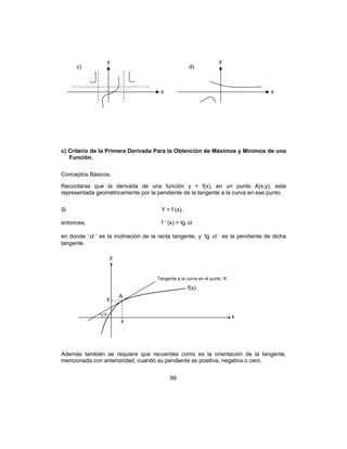 99
c) Criterio de la Primera Derivada Para la Obtención de Máximos y Mínimos de una
Función.
Conceptos Básicos.
Recordaras que la derivada de una función y = f(x), en un punto A(x,y), esta
representada geométricamente por la pendiente de la tangente a la curva en ese punto.
Si Y = f (x),
entonces, f ‘ (x) = tg α
en donde ‘α ’ es la inclinación de la recta tangente, y ‘tg α ’ es la pendiente de dicha
tangente.
Además también se requiere que recuerdes como es la orientación de la tangente,
mencionada con anterioridad, cuando su pendiente es positiva, negativa o cero.
c) d)
x x
y y
y
α x
y
x
A
Tangente a la curva en el punto ‘A’
f(x)
 