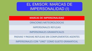 EL EMISOR: MARCAS DE
IMPERSONALIDAD (I)
MARCAS DE IMPERSONALIDAD
ORACIONES METEOROLOGICAS
IMPERSONALES REFLEJAS
IMPERSONALES GRAMATICALES
PASIVAS Y PASIVAS REFLEJAS SIN COMPLEMENTOS AGENTES
IMPERSONALES CON “UNO” COMO SUJETO GRAMATICAL
 