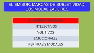 EL EMISOR. MARCAS DE SUBJETIVIDAD:
LOS MODALIZADORES
2. VERBOS MODALES
INTELECTIVOS
VOLITIVOS
EMOCIONALES
PERÍFRASIS MODALES
 