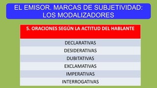 EL EMISOR. MARCAS DE SUBJETIVIDAD:
LOS MODALIZADORES
5. ORACIONES SEGÚN LA ACTITUD DEL HABLANTE
DECLARATIVAS
DESIDERATIVAS
DUBITATIVAS
EXCLAMATIVAS
IMPERATIVAS
INTERROGATIVAS
 