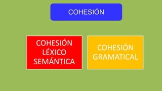COHESIÓN
COHESIÓN
LÉXICO
SEMÁNTICA
COHESIÓN
GRAMATICAL
 