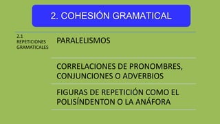 2. COHESIÓN GRAMATICAL
2.1
REPETICIONES
GRAMATICALES
PARALELISMOS
CORRELACIONES DE PRONOMBRES,
CONJUNCIONES O ADVERBIOS
FIGURAS DE REPETICIÓN COMO EL
POLISÍNDENTON O LA ANÁFORA
 