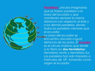 Paralelos: círculos imaginarios
que se trazan paralelos a la
Línea del ecuador y que
mantienen siempre la misma
distancia con respecto al éste y
a los demás paralelos, siendo
todos los paralelos menores que
el ecuador.
La Línea del ecuador se
encuentra ubicada a igual
distancia de los polos. El ecuador
es el círculo máximo que divide
a la Tierra en dos Hemisferios:
Hemisferio Norte y Hemisferio Sur.
Los paralelos han sido trazados a
intervalos de 10º, tomando como
origen el ecuador.
 