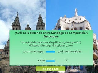 2/09/15
¿Cuál es la distancia entre Santiago de Compostela y
Barcelona?
•Longitud de toda la escala gráfica: 2,5 cm (=400 Km)
•Distancia Santiago -Barcelona: 7,2 cm.
2,5 cm en el mapa 400 km en la realidad
7,2 cm x
X= 1152 KmX= 1152 Km
 