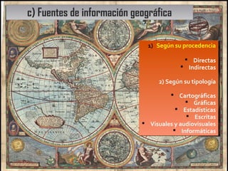 1) Según su procedencia
 Directas
 Indirectas
2) Según su tipología
 Cartográficas
 Gráficas
 Estadísticas
 Escritas
 Visuales y audiovisuales
 Informáticas
1) Según su procedencia
 Directas
 Indirectas
2) Según su tipología
 Cartográficas
 Gráficas
 Estadísticas
 Escritas
 Visuales y audiovisuales
 Informáticas
c) Fuentes de información geográfica
 
