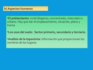 b) Aspectos humanos
•El poblamiento: rural (disperso, concentrado, intercalar) o
urbano. Hay que dar el emplazamiento, situación, plano y
trama.
•Los usos del suelo: Sector primario, secundario y terciario.
•Análisis de la toponimia: Información que proporcionan los
nombres de los lugares
 