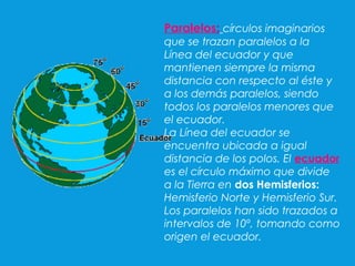 Latitud: distancia, medida
en grados, que hay entre
cualquier paralelo y el
ecuador.
La latitud establece las
distancias e...