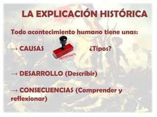 LA EXPLICACIÓN HISTÓRICA
Todo acontecimiento humano tiene unas:
→ CAUSAS

¿Tipos?

→ DESARROLLO (Describir)
→ CONSECUENCIAS (Comprender y
reflexionar)

 