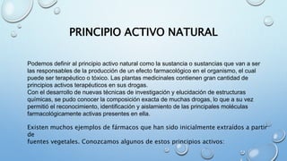 PRINCIPIO ACTIVO NATURAL
Podemos definir al principio activo natural como la sustancia o sustancias que van a ser
las responsables de la producción de un efecto farmacológico en el organismo, el cual
puede ser terapéutico o tóxico. Las plantas medicinales contienen gran cantidad de
principios activos terapéuticos en sus drogas.
Con el desarrollo de nuevas técnicas de investigación y elucidación de estructuras
químicas, se pudo conocer la composición exacta de muchas drogas, lo que a su vez
permitió el reconocimiento, identificación y aislamiento de las principales moléculas
farmacológicamente activas presentes en ella.
Existen muchos ejemplos de fármacos que han sido inicialmente extraídos a partir
de
fuentes vegetales. Conozcamos algunos de estos principios activos:
 