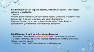 Edad media: Caída de Imperio Romano, intercambio cultural entre medio
oriente y el occidente.
Arabia
Avicena. Escribe cerca de 300 libros sobre filosofía y medicina. Sus textos más
famosos son El libro de la curación y El canon de medicina.
Averroes. Escribe una enciclopedia médica llamada Colliget. Realizó
compilaciones y comentarios sobre el trabajo de Galeno.
Edad Moderna: A partir de la Revolución Francesa
Paracelso. Obtención de principios activos por procedimientos químicos.
Gonzalo Fernandez de Oviedo. Registro de plantas en territorio americano
(Cacao, guayaco, tabaco)
Carl von Linné. Clasificación sistemática de las plantas.
 