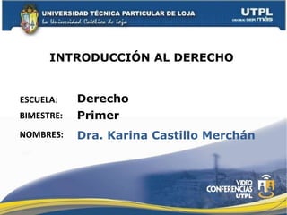 INTRODUCCIÓN AL DERECHO  ESCUELA : NOMBRES: Derecho Dra. Karina Castillo Merchán BIMESTRE: Primer 