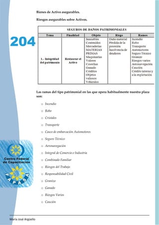 María José Argüello
204
Bienes de Activo asegurables.
Riesgos asegurables sobre Activos.
Las ramas del tipo patrimonial en las que opera habitualmente nuestra plaza
son:
o Incendio
o Robo
o Cristales
o Transporte
o Casco de embarcación Automotores
o Seguro Técnico
o Aeronavegación
o Integral de Comercio e Industria
o Combinado Familiar
o Riesgos del Trabajo
o Responsabilidad Civil
o Granizo
o Ganado
o Riesgos Varios
o Caución
 