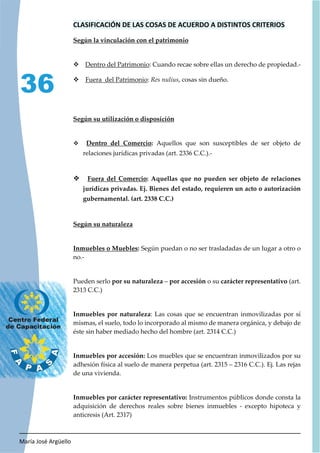 María José Argüello
36
CLASIFICACIÓN DE LAS COSAS DE ACUERDO A DISTINTOS CRITERIOS
Según la vinculación con el patrimonio
™ Dentro del Patrimonio: Cuando recae sobre ellas un derecho de propiedad.-
™ Fuera del Patrimonio: Res nulius, cosas sin dueño.
Según su utilización o disposición
™ Dentro del Comercio: Aquellos que son susceptibles de ser objeto de
relaciones jurídicas privadas (art. 2336 C.C.).-
Fuera del Comercio: Aquellas que no pueden ser objeto de relaciones
jurídicas privadas. Ej. Bienes del estado, requieren un acto o autorización
gubernamental. (art. 2338 C.C.)
Según su naturaleza
Inmuebles o Muebles: Según puedan o no ser trasladadas de un lugar a otro o
no.-
Pueden serlo por su naturaleza – por accesión o su carácter representativo (art.
2313 C.C.)
Inmuebles por naturaleza: Las cosas que se encuentran inmovilizadas por sí
mismas, el suelo, todo lo incorporado al mismo de manera orgánica, y debajo de
éste sin haber mediado hecho del hombre (art. 2314 C.C.)
Inmuebles por accesión: Los muebles que se encuentran inmovilizados por su
adhesión física al suelo de manera perpetua (art. 2315 – 2316 C.C.). Ej. Las rejas
de una vivienda.
Inmuebles por carácter representativo: Instrumentos públicos donde consta la
adquisición de derechos reales sobre bienes inmuebles - excepto hipoteca y
anticresis (Art. 2317)
 