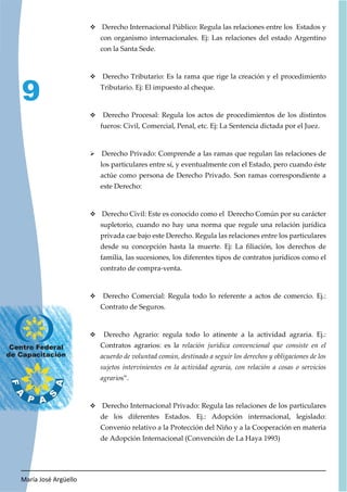 María José Argüello
9
™ Derecho Internacional Público: Regula las relaciones entre los Estados y
con organismo internacionales. Ej: Las relaciones del estado Argentino
con la Santa Sede.
™ Derecho Tributario: Es la rama que rige la creación y el procedimiento
Tributario. Ej: El impuesto al cheque.
™ Derecho Procesal: Regula los actos de procedimientos de los distintos
fueros: Civil, Comercial, Penal, etc. Ej: La Sentencia dictada por el Juez.
¾ Derecho Privado: Comprende a las ramas que regulan las relaciones de
los particulares entre sí, y eventualmente con el Estado, pero cuando éste
actúe como persona de Derecho Privado. Son ramas correspondiente a
este Derecho:
™ Derecho Civil: Este es conocido como el Derecho Común por su carácter
supletorio, cuando no hay una norma que regule una relación jurídica
privada cae bajo este Derecho. Regula las relaciones entre los particulares
desde su concepción hasta la muerte. Ej: La filiación, los derechos de
familia, las sucesiones, los diferentes tipos de contratos jurídicos como el
contrato de compra-venta.
™ Derecho Comercial: Regula todo lo referente a actos de comercio. Ej.:
Contrato de Seguros.
™ Derecho Agrario: regula todo lo atinente a la actividad agraria. Ej.:
Contratos agrarios: es la relación jurídica convencional que consiste en el
acuerdo de voluntad común, destinado a seguir los derechos y obligaciones de los
sujetos intervinientes en la actividad agraria, con relación a cosas o servicios
agrarios”.
™ Derecho Internacional Privado: Regula las relaciones de los particulares
de los diferentes Estados. Ej.: Adopción internacional, legislado:
Convenio relativo a la Protección del Niño y a la Cooperación en materia
de Adopción Internacional (Convención de La Haya 1993)
 
