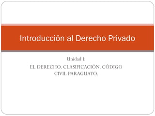 Unidad I:
EL DERECHO. CLASIFICACIÓN. CÓDIGO
CIVIL PARAGUAYO.
Introducción al Derecho Privado
 