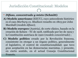 Jurisdicción Constitucional: Modelos  Difuso, concentrado y mixto  (Schmitt) A) Modelo americano  (EEUU), cuyo antecedente histórico es el caso  Marbury vs. Madison  resuelto en 1803 por John Marshall ( modelo difuso ); B) Modelo europeo  (Austria), de corte clásico, basado en la creación de Kelsen - TC de 1918, ratificado por ley de 1919 y la Constitución austriaca de 1920 ( modelo concentrado ) ; C) Modelo político  creado por la Revolución francesa, consistente en otorgar a un órgano político, generalmente el legislativo, el control de constitucionalidad; que tuvo gran aceptación en las democracias marxistas, y presente, en cierto sentido, en el actual Consejo Constitucional Francés . 
