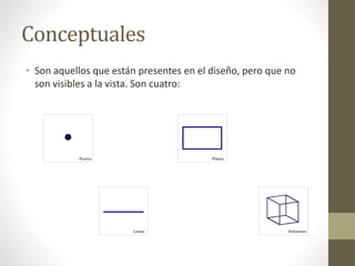 Conceptuales
• Son aquellos que están presentes en el diseño, pero que no
son visibles a la vista. Son cuatro:
 