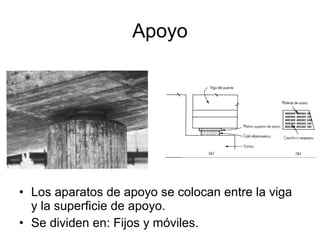 Apoyo




• Los aparatos de apoyo se colocan entre la viga
  y la superficie de apoyo.
• Se dividen en: Fijos y móviles.
 