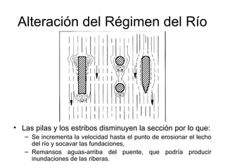 Alteración del Régimen del Río




• Las pilas y los estribos disminuyen la sección por lo que:
   – Se incrementa la velocidad hasta el punto de erosionar el lecho
     del río y socavar las fundaciones,
   – Remansos aguas-arriba del puente, que podría producir
     inundaciones de las riberas.
 