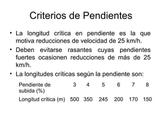 Criterios de Pendientes
• La longitud crítica en pendiente es la que
  motiva reducciones de velocidad de 25 km/h.
• Deben evitarse rasantes cuyas pendientes
  fuertes ocasionen reducciones de más de 25
  km/h.
• La longitudes críticas según la pendiente son:
   Pendiente de        3    4     5      6    7    8
   subida (%)
   Longitud crítica (m) 500 350   245   200   170 150
 