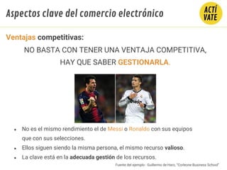NO BASTA CON TENER UNA VENTAJA COMPETITIVA,
HAY QUE SABER GESTIONARLA.
Ventajas competitivas:
● No es el mismo rendimiento el de Messi o Ronaldo con sus equipos
que con sus selecciones.
● Ellos siguen siendo la misma persona, el mismo recurso valioso.
● La clave está en la adecuada gestión de los recursos.
Aspectos clave del comercio electrónico
Fuente del ejemplo : Guillermo de Haro, “Corleone Business School”
 