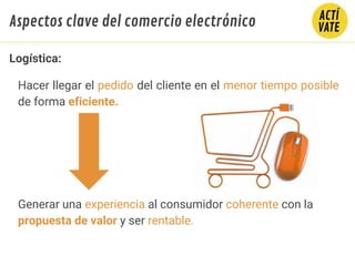 Hacer llegar el pedido del cliente en el menor tiempo posible
de forma eficiente.
Generar una experiencia al consumidor coherente con la
propuesta de valor y ser rentable.
Logística:
Aspectos clave del comercio electrónico
 