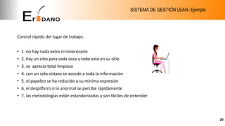SISTEMA DE GESTIÓN LEAN- Ejemplo
Control rápido del lugar de trabajo:
• 1. no hay nada extra ni innecesario
• 2. hay un sitio para cada cosa y todo está en su sitio
• 3. se aprecia total limpieza
• 4. con un solo vistazo se accede a toda la información
• 5. el papeleo se ha reducido a su mínima expresión
• 6. el despilfarro o lo anormal se percibe rápidamente
• 7. las metodologías están estandarizadas y son fáciles de entender
20
 
