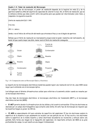 Cuadro 1.4- Poder de resolución del Microscopio
    En cualquier tipo de microscopio, el poder de resolución depende de la longitud de onda (l) y de la
    apertura numérica (AN) del objetivo (la capacidad de colectar la luz). Así, el límite de resolución, que es
    la distancia mínima que debe existir entre dos puntos para que puedan ser discriminados como tales, y
    responde a la siguiente ecuación:

    Límite de resolución=0,61 l /AN

    A su vez,

    AN = n . seno a

    donde, n es el índice de refracción del medio que atraviesa el haz y a es el ángulo de apertura

    Nótese que el límite de resolución es inversamente proporcional al poder resolutivo del instrumento, de
    modo tal que cuanto mayor sea éste, menor será el límite de resolución conseguido.




Fig. 1.18- Comparación entre un Microscopio Óptico y Electrónico

La mayoría de los microscopios electrónicos modernos pueden lograr una resolución de 0,2 nm, unas 1000 veces
mejor que la obtenida con el microscopio óptico.

Los biólogos usan el término ultraestructura celular para referirse a la anatomía celular cuando se resuelve por
un microscopio electrónico.

Hay dos tipos de microscopio electrónico: el microscopio electrónico de transmisión (MET) y el microscopio
electrónico de barrido (MEB):

    El MET permite develar la ultraestructura de las células y de la matriz extracelular. El haz de electrones es
desviado por un campo electromagnético (que actuaría como lente). En este tipo de microscopia se requiere que
las muestras tengan un grosor de 100 nm.

    El MEB es especialmente útil para estudios de superficie del espécimen. El haz de electrones explora la
superficie de la muestra la que usualmente se recubre con una película de oro. El haz excita a los electrones
sobre la superficie de la misma muestra y estos electrones secundarios se recolectan y enfocan sobre una
pantalla. Esto forma una imagen de la topografía del espécimen. Un importante atributo del MEB es su gran
profundidad de campo, la cual resulta en una imagen tridimensional.
 