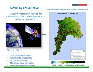 Presentación 
Institucional 
IMÁGENES SATELITALES 
“adquirir información acerca de la 
superficie de la Tierra sin realmente estar 
en contacto con ella”. 
Instituto de 
Investigaciones 
Agropecuarias - INIA 
NDVI: Índice de vegetación de diferencia normalizada 
Aplicaciones: 
• Usos eficientes del Agua 
• Rendimiento de cosechas 
• Uso de Fertilizantes 
• Manejo de poda en frutales 
• Manejo integrado de plagas 
 
